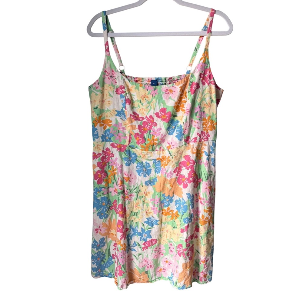 Old Navy Dress Linen Floral Sleeveless Smocked Back Beachy Pink Blue Size XL
